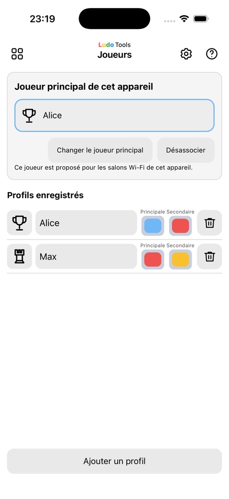 Bibliothèque de joueurs avec leurs noms, leurs couleurs et leurs icônes.