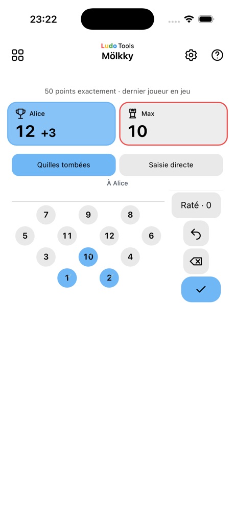 Écran du Mölkky, avec scores et saisie du lancer.